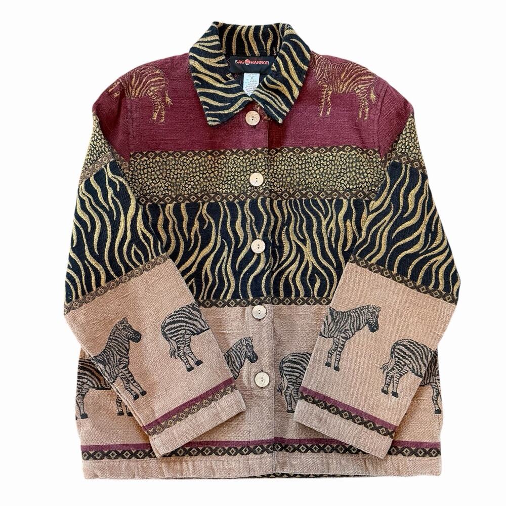 Woman’s Tapestry Jacket Size 12 Sag Harbor Vintage 1970s Zebra Print Safari